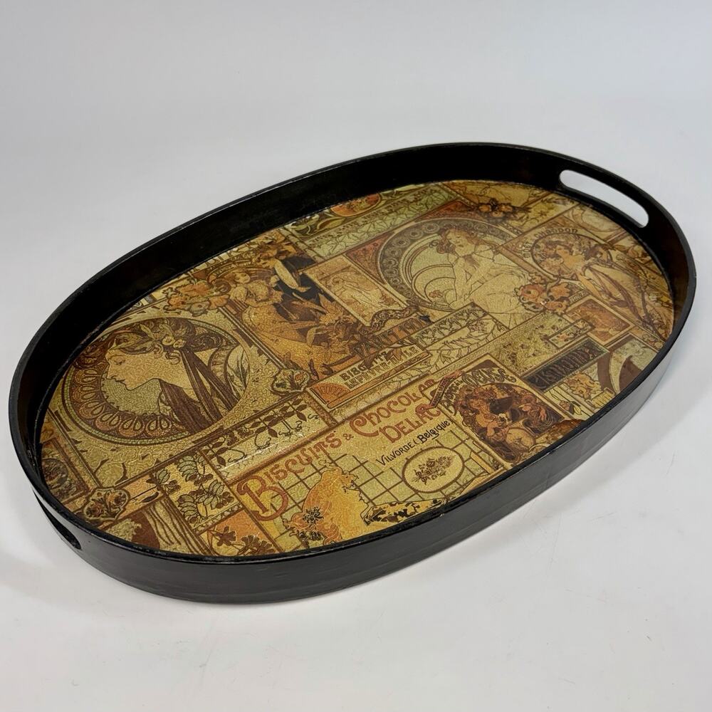 Vintage Pier 1 Art Nouveau Oval Wood Tray Alphonse Mucha Collage Decor 17x11.25”